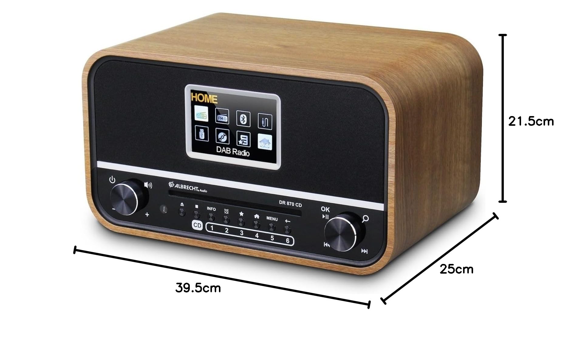 [HiFi Test SEHR GUT, Spitzenklasse 1,2*] Albrecht DR 870 CD Seniorenradio, DAB+/ UKW/CD/USB Radio, Tischradio, Bluetooth®, Weckfunktion, inkl. Fernbedienung, Walnuss, Schwarz