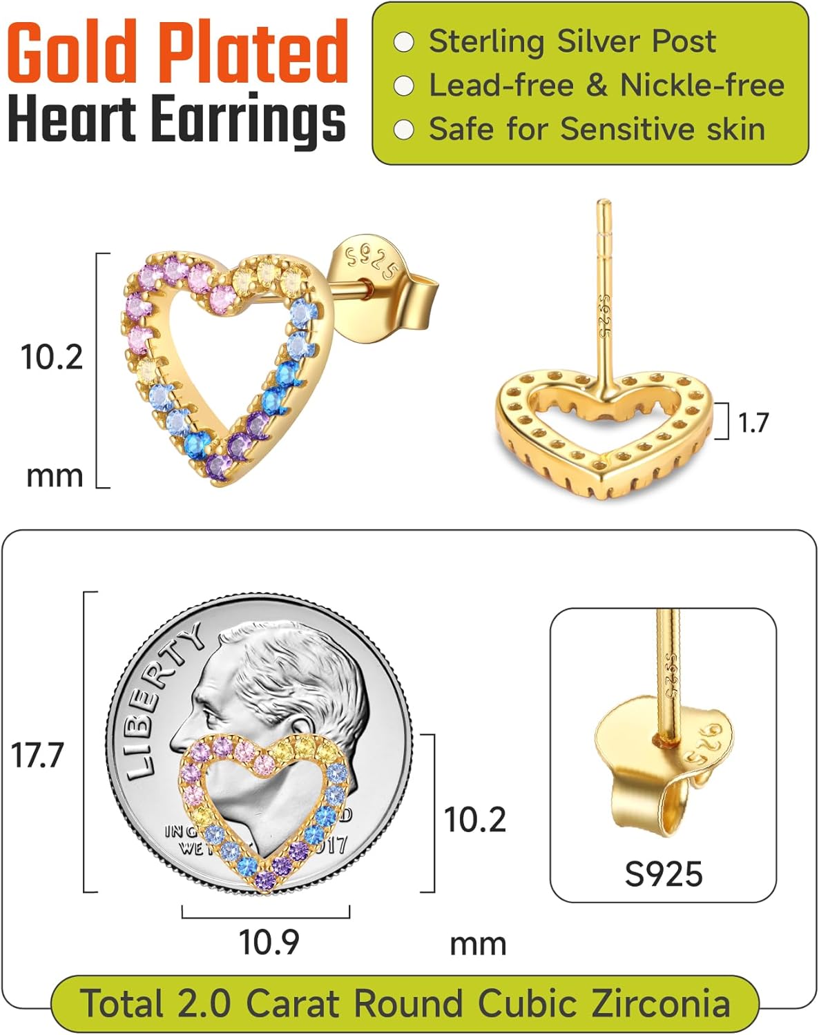 JustBeingCute 14K Gold Plated Sterling Silver Earrings for Women Dainty Hypoallergenic Hollow Heart Stud Colorful Cubic Zirconia Earrings for Women, Birthday Anniversary Christmas Gifts - Image 3