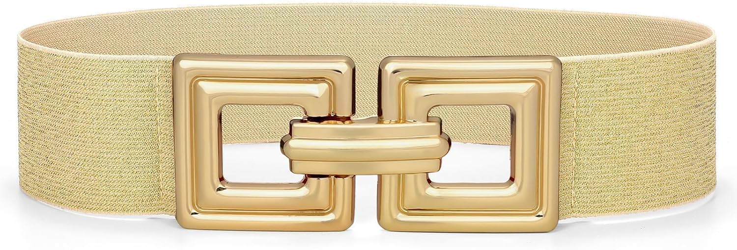 WHIPPY Women Wide Elastic Waist Belt Fashion Hollow Out Square Gold Buckle Stretchy Belt Waistband for Ladies