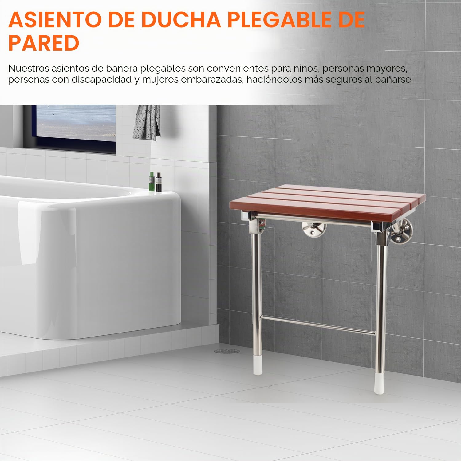 Asiento de ducha plegable montado en la pared con patas, banco de ducha plegable | Silla de baño de madera con patas antideslizantes para ancianos/discapacitados/embarazadas, altura 460 mm
