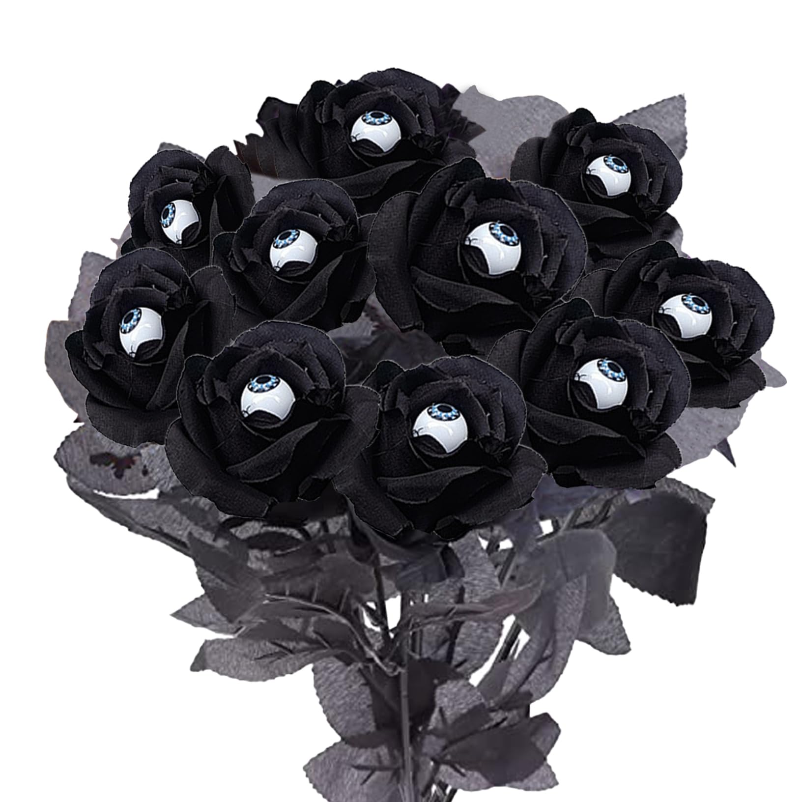 NASSMOSSE Halloween Bouquet 10PCS Artificial Halloween Flowers with Eyeballs Black Artificial Roses Silk Rose for Decorations Home Wedding Decor Black