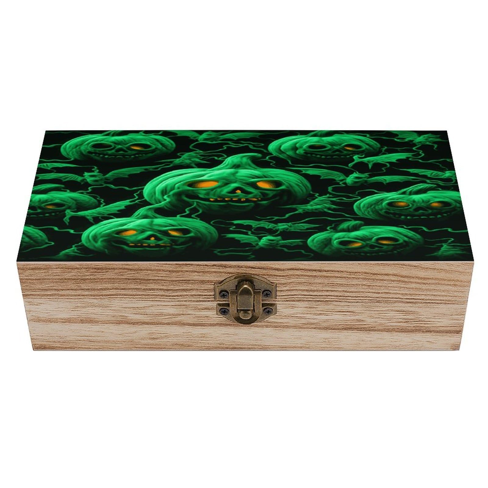 JTREHY Green Ghost Horror Halloween Pumpkin Wooden Keepsake Box Vintage-Style Wood Keepsake Case with Hinged Lid Solid Wood Boxes Beautifully Memory Treasure Case Vintage-Style Wooden Storage Box