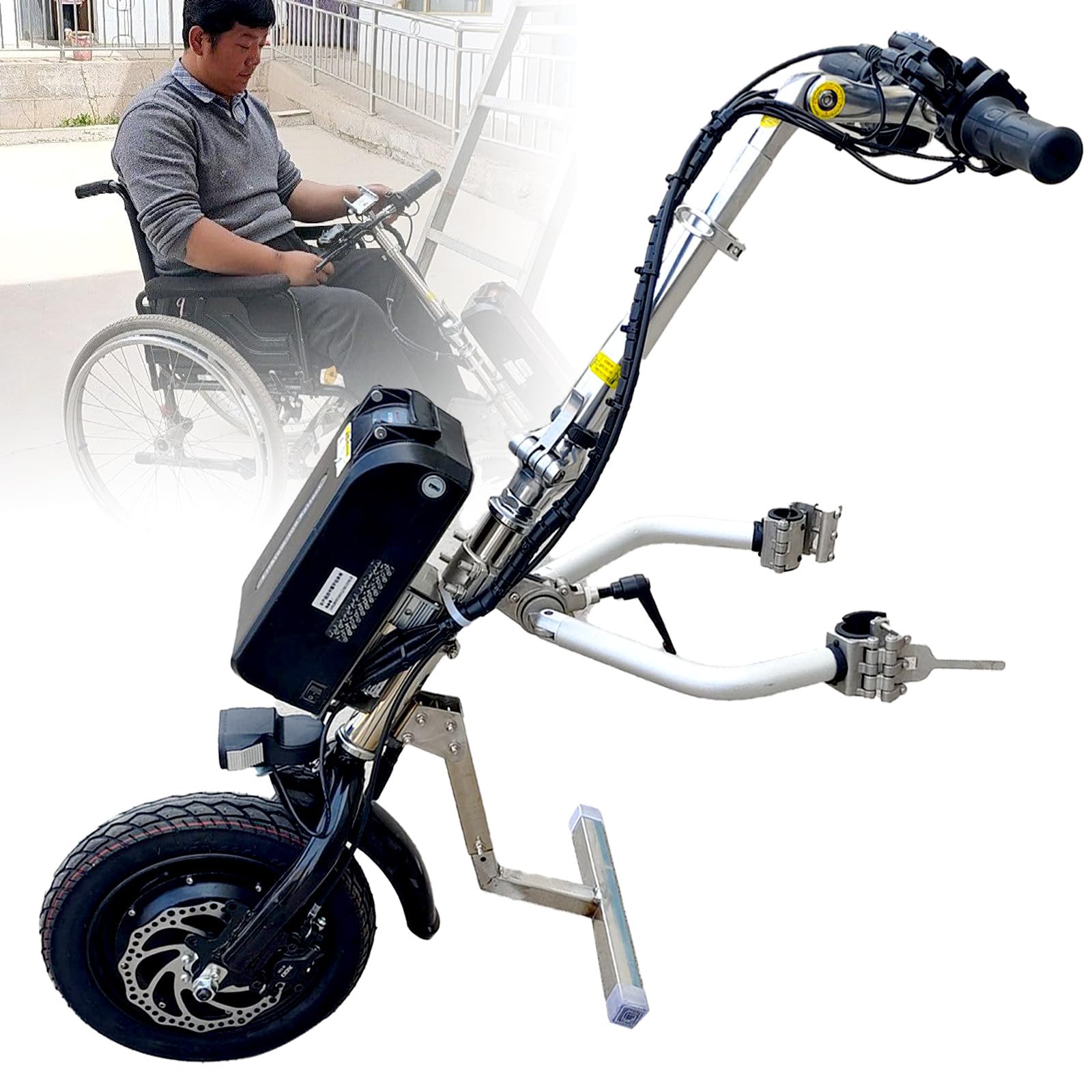 500W Propulsore Elettronico Anteriore per Carrozzina,Dispositivo di Traino per Sedia A Rotelle (Manuale → Elettrico), Trazione Anteriore per Handbike, Autonomia 70 Km, 20km/h velocità A
