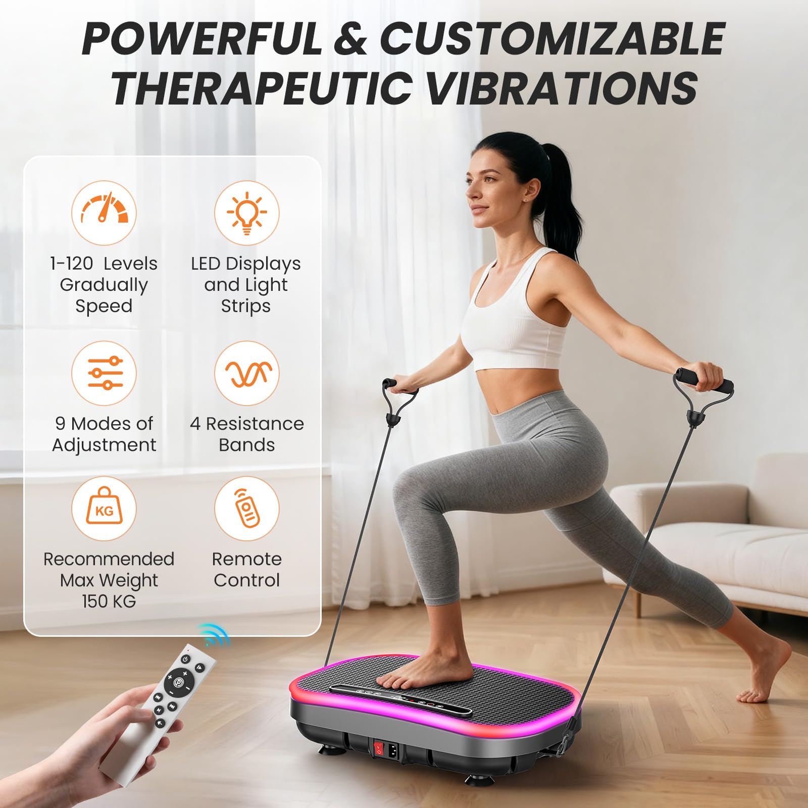 Plateforme Vibrante, Plateforme Vibrante Perte de Poids, 9 Modes Réglables, 1-120 Niveaux D’Intensité, Haut-Parleur Bluetooth Intégré, Télécommande, Écran LED, Capacité de Charge 150 kg