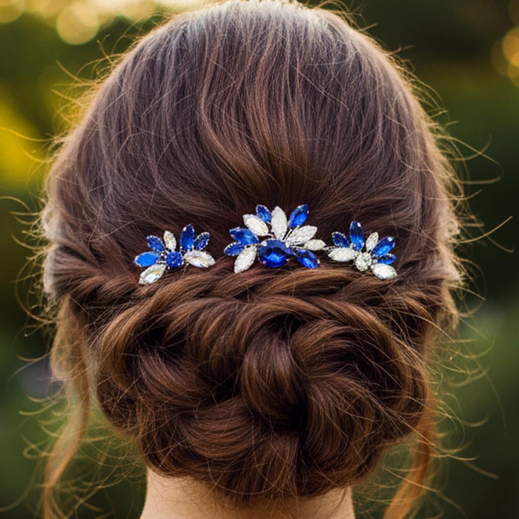 Heread Blue Crystal Bride Wedding Hair Pins Silver Rhinestones Bridal Hair Pieces Accessories for Women and Girls（Pack of 3) - Image 2