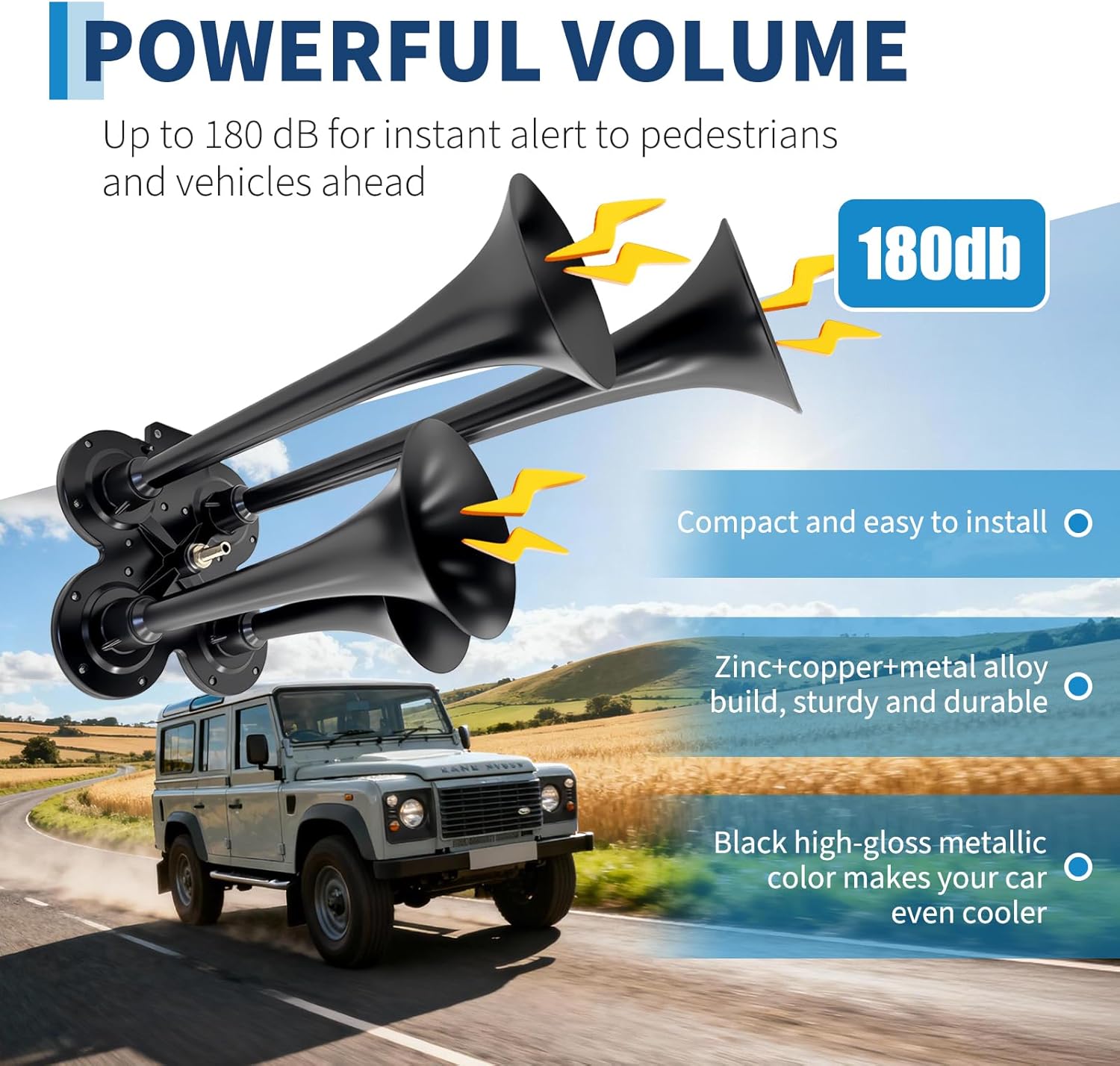 Super Loud Train Air Horn Kit for Truck - 180dB 4 Trumpet with 12V/24V Heavy Duty Compressor, Complete Waterproof Air Horn for Pickup, SUV, Jeep, Motorhome, Boat & Car