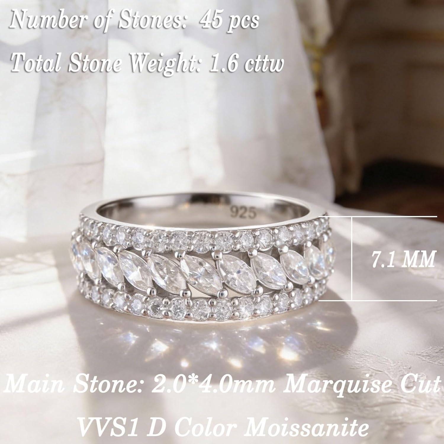D Color VVS1 Moissanite Rings for Women 925 Sterling Silver Wedding Bands Marquise Eternity Rings Stackable Promise Size 5-10