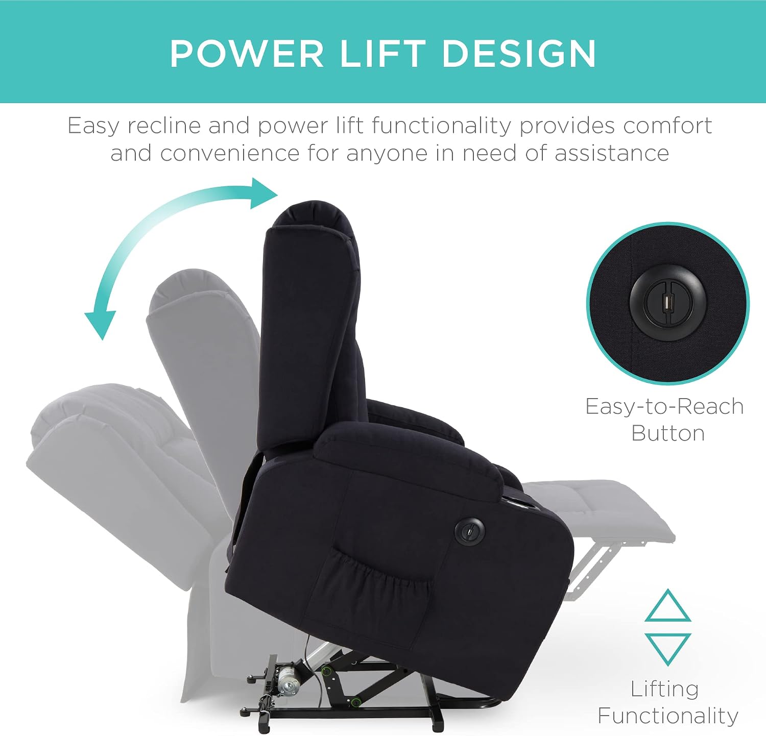 Modern Linen Power Lift Recliner Massage Chair USB Heat Cupholders 3 Positions - Black
