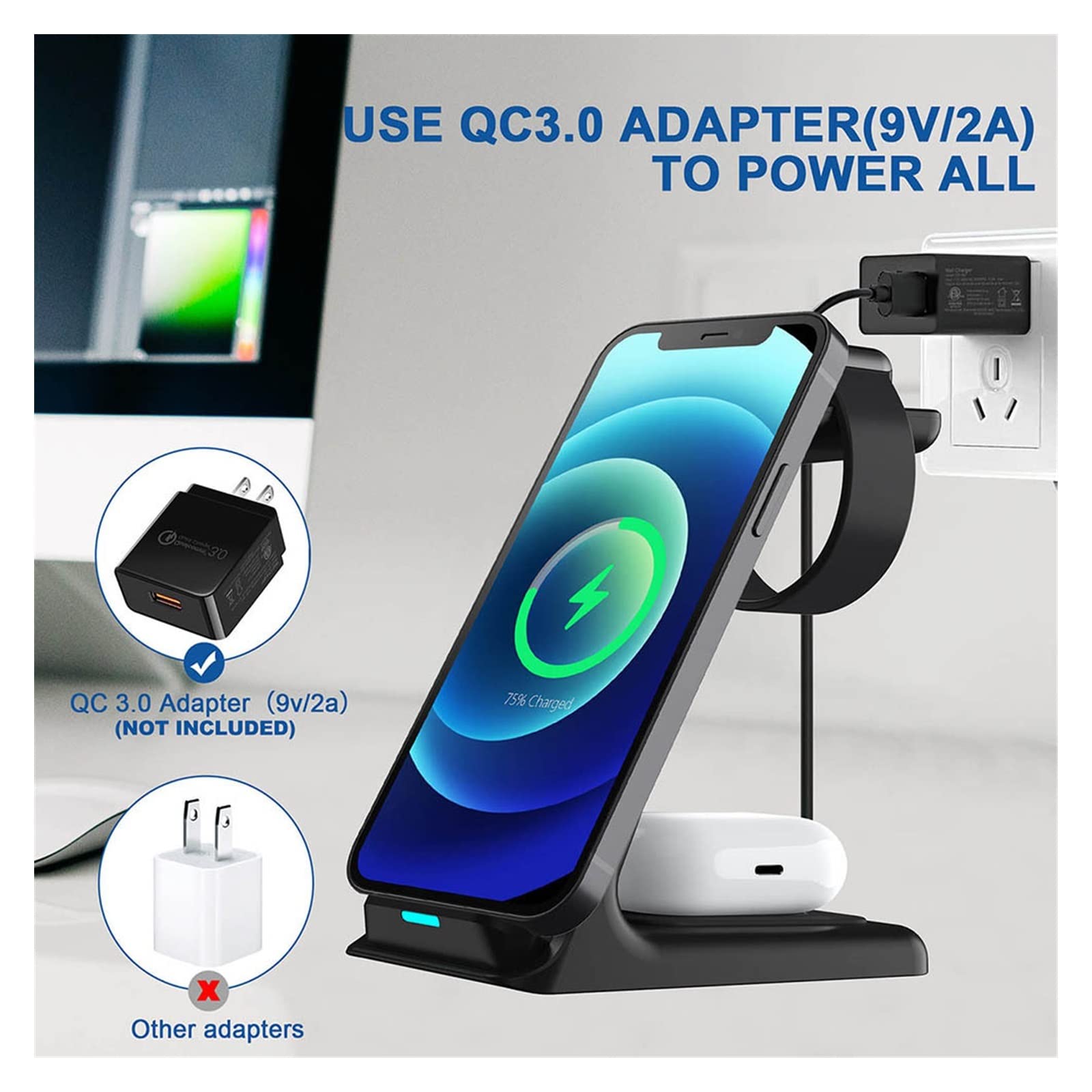 Support de Chargeur sans Fil 20W 3 en 1 Station d'accueil Charge Rapide Qi for téléphones intelligents, chargeurs Conception Portable(Blanc)