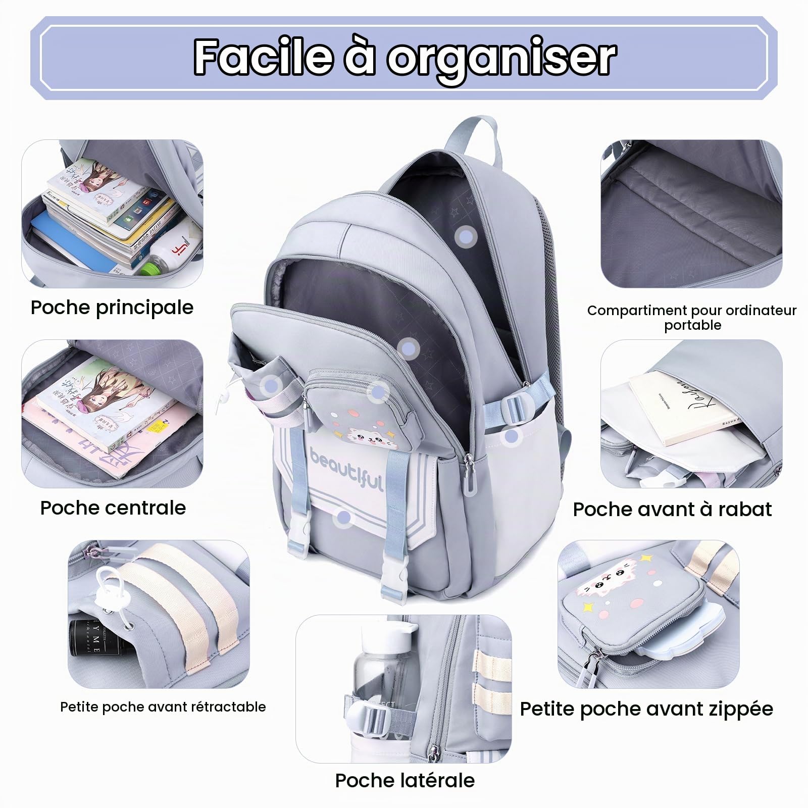 IvyH Sac A Dos pour Enfant Adolescentes Cartable Fille Primaire, Kawaii Sac D'école pour Fille Garçon 8 10 à 16 ans, Sac Ecole Léger et Imperméable, 30x20x46 cm, Bleu