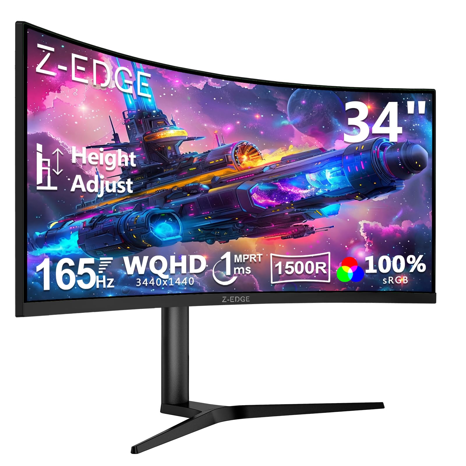 Z-Edge 34 Inch Ultrawide Curved Gaming Monitor 165Hz 1ms MPRT 21:9 3440x1440 UWQHD 1500R VA Panel, sRGB 100%, Height Adjustable, Adaptive Sync, DisplayPort (165Hz) HDMI (100Hz), PIP/PBP