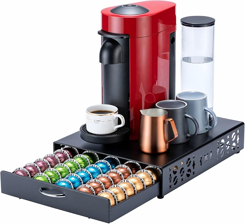 FlagShip Coffee Pod Drawer,50 Large Vertuo Pods Capacity,Black Metal | Smooth Pull-Out Design Fits Under Coffee Machine,Sturdy Frame Save Counter Space Fits All Szie Nespresso Vertuo Pods