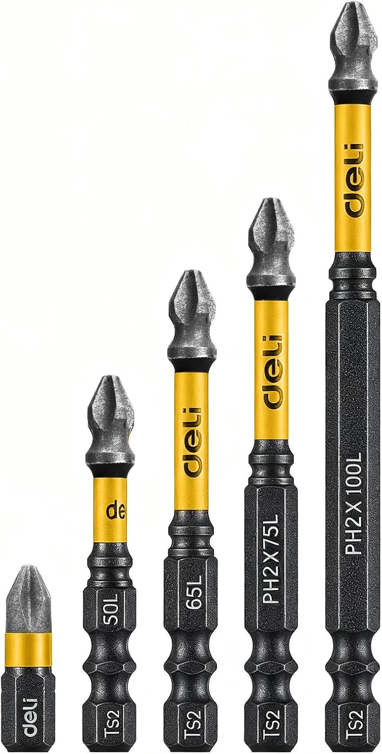 DELI 5pcs Power Bits Phillips Nano Emery Coated Screwdriver Bits 1" 2" 2.5" 3" 4"