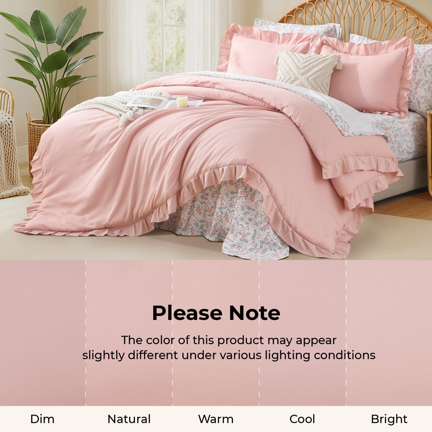 Litanika Queen Size Comforter Sets - 7 Pieces Ruffle Blush Pink Bed in a Bag, Soft Farmhouse Bedding Sets with Ruffled Comforter, Floral Sheets, Pillowcases & Shams