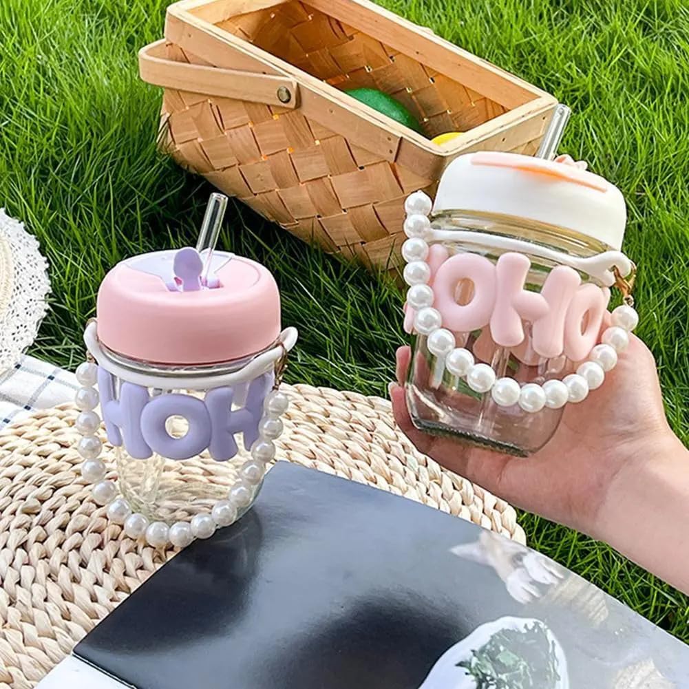 Kelvee Reusable Glass Coffee Mugs With Lid & Straw Pack Of 1,Drinking Glasses Tumbler With Pearl Chain Belt & Sleeve Double Drink Straw Sipper For Juice Smoothies Cocktail Home (Pink) - 400 Ml