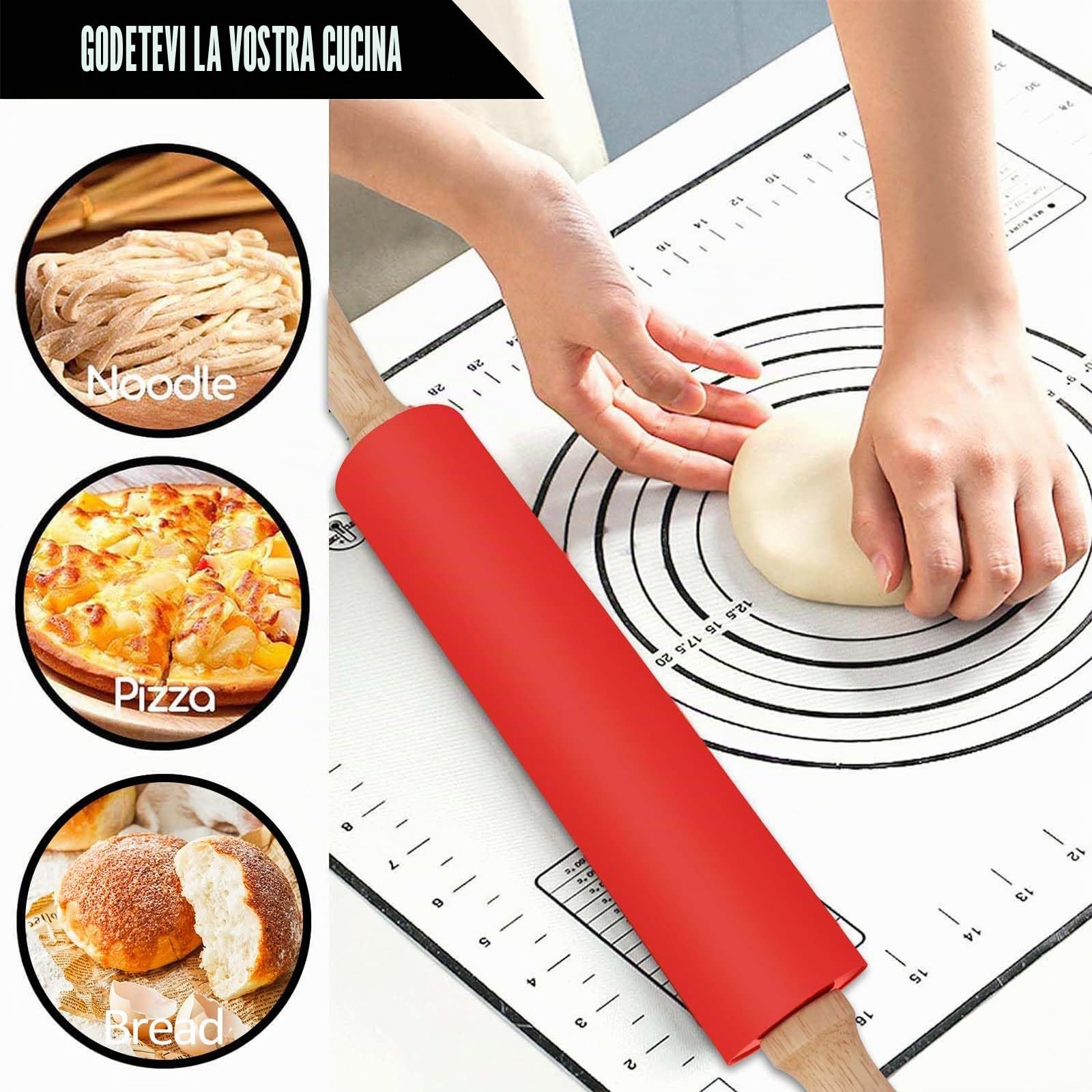 BOCHION Mattarello Antiaderente in Silicone, Mattarello con Manici in Legno, con Tappetino da Forno in Silicone, Mattarelli Acciaio Inox per Pasta, Pizza, Biscotti, Pasticceria, Fondente (43cm)