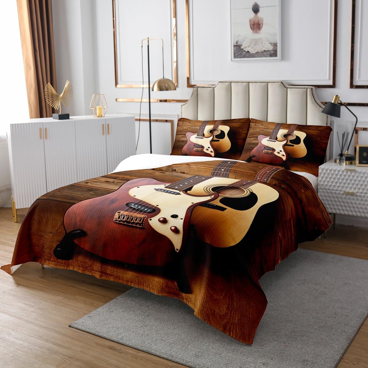 Erosebridal Electric Guitar King Quilt Acoustic Guitar Coverlet Set, Vintage Guitar Shop Bedding Set Brown Wooden Stripe Bedspread Set Retro Farm Style Bed Quilt Musician Room Decor