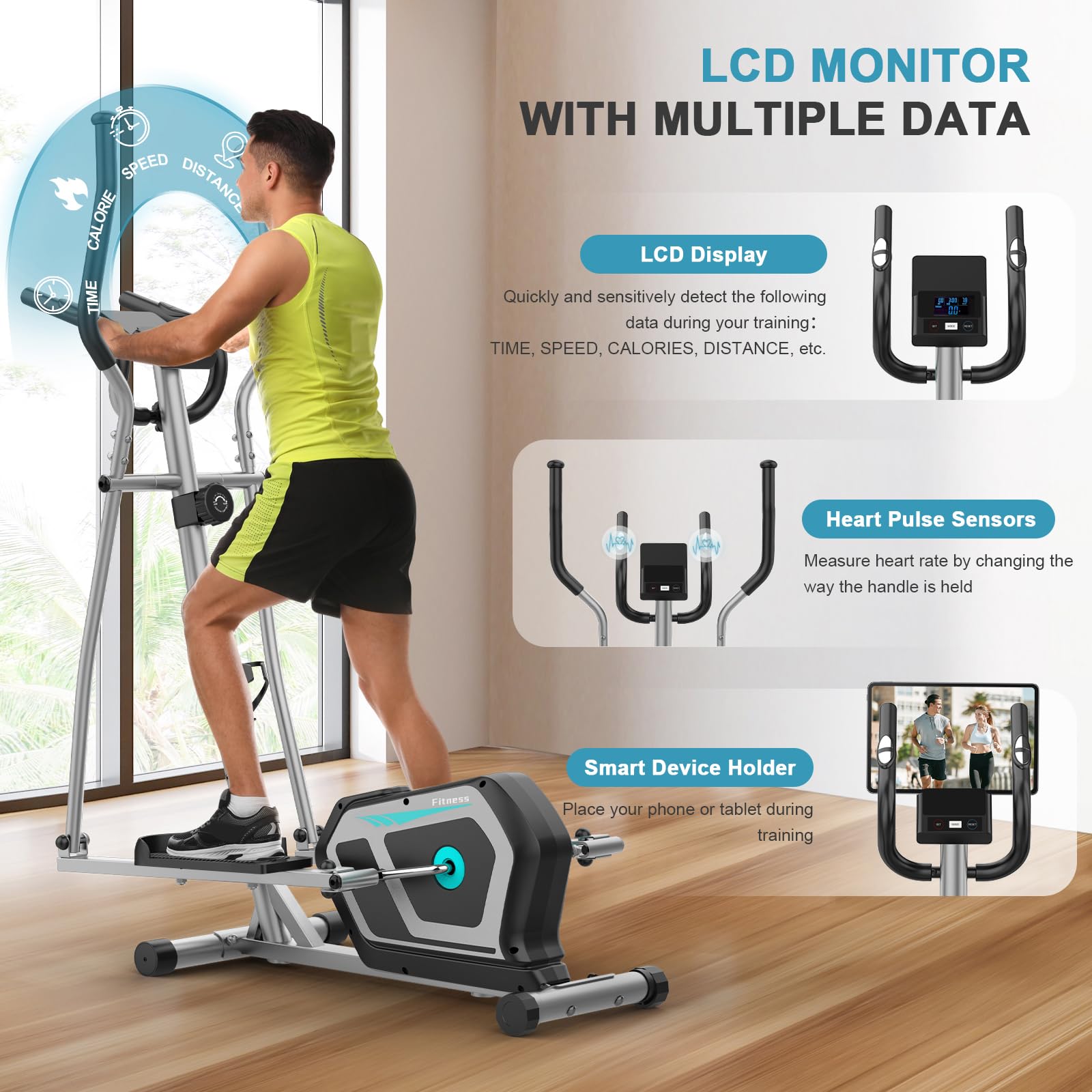 Bicicleta Elíptica,3 en 1 Máquina Elíptica para Casa con 16 Niveles de Resistencia,Monitor LCD, Soporte para Dispositivos,Pedal Antideslizante, Ejercicio Peso máximo 287LBS