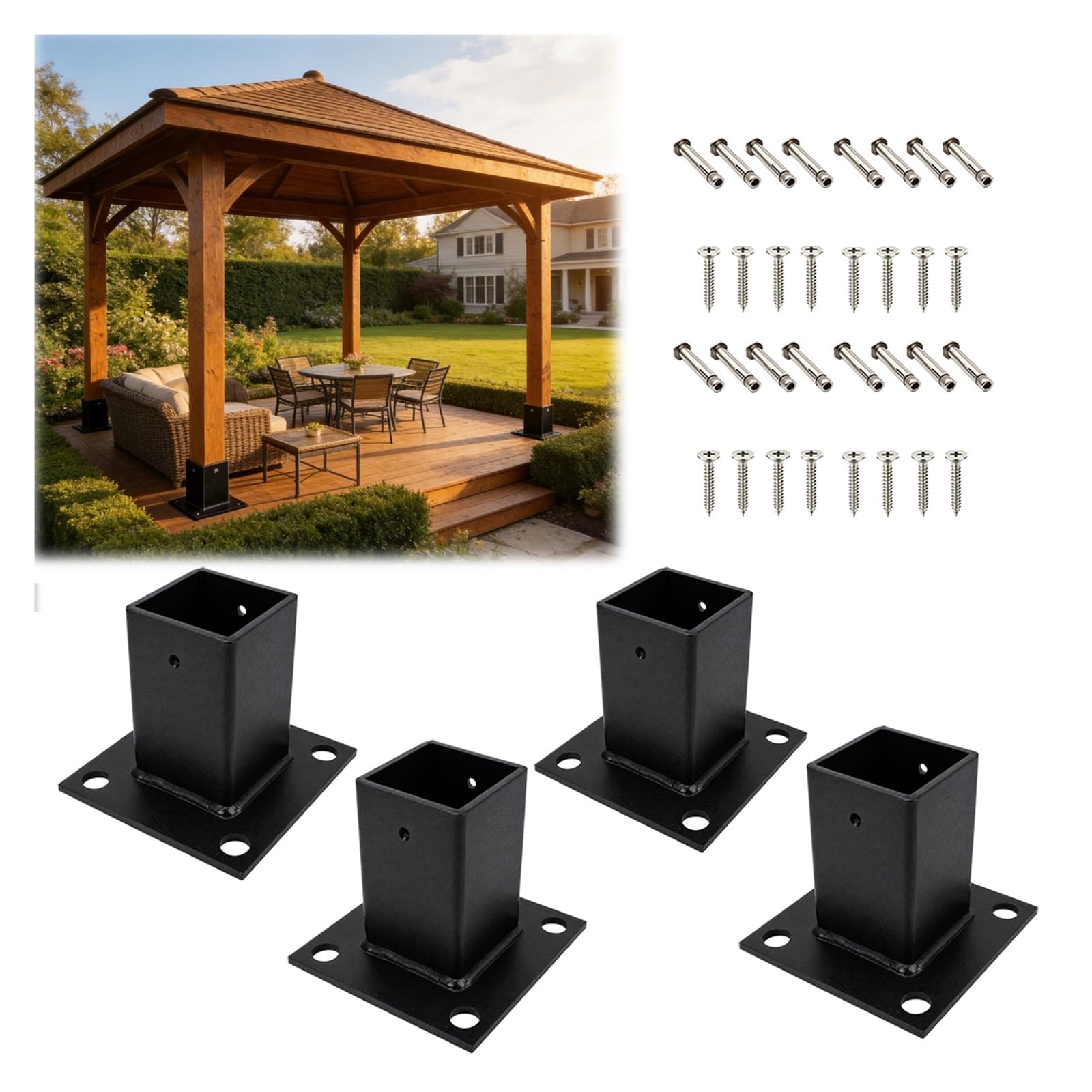 4 Pack Soporte poste gazebo negro con pintura polvo kit montaje | Soporte de poste resistente y resistente al óxido buzones/cubiertas/herrajes construcción exteriores(71x71mm/2.8x2.8")