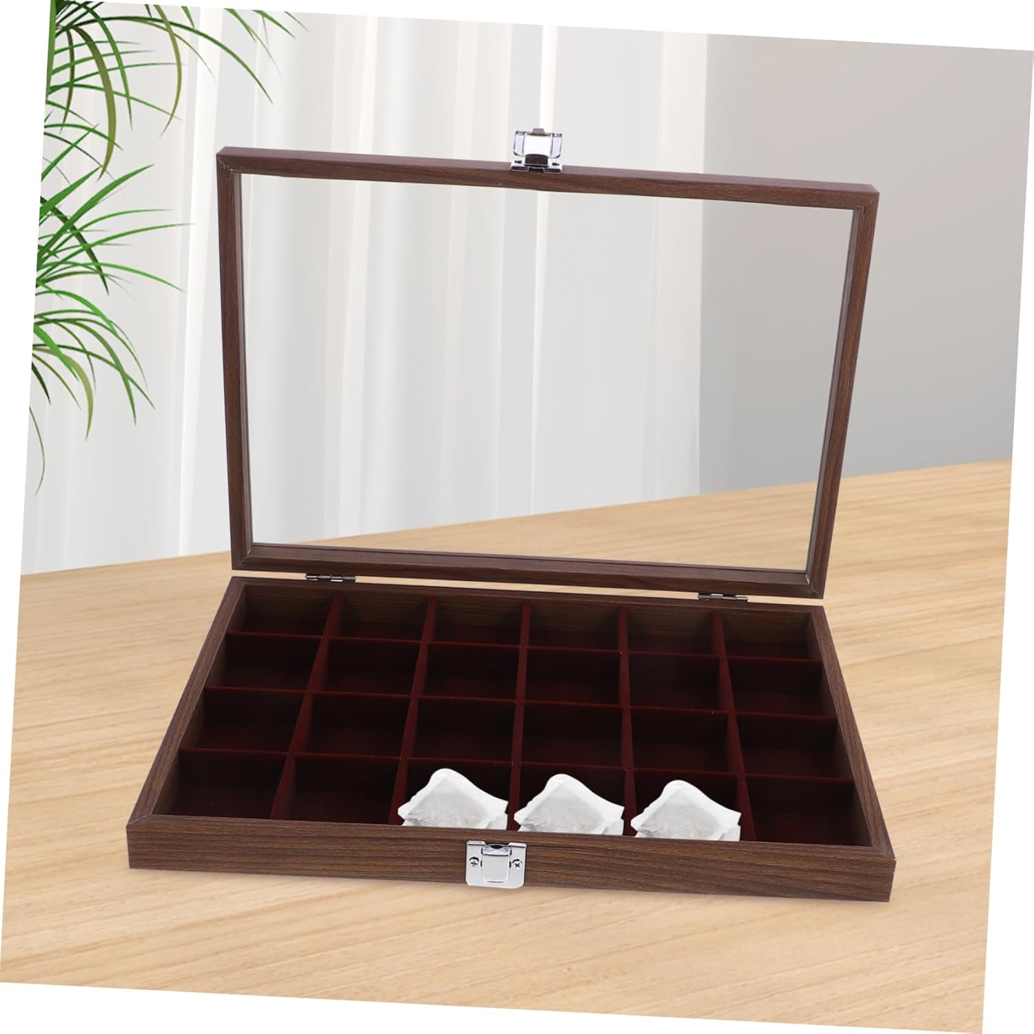 Cabilock 24-Compartment Wooden Tea Bag Organizer with Lid 10.24 x 7.68 x 2.36 Inches Multi-Function Tea Holder for Home and Office for Storing Bags and Coffee Supplies