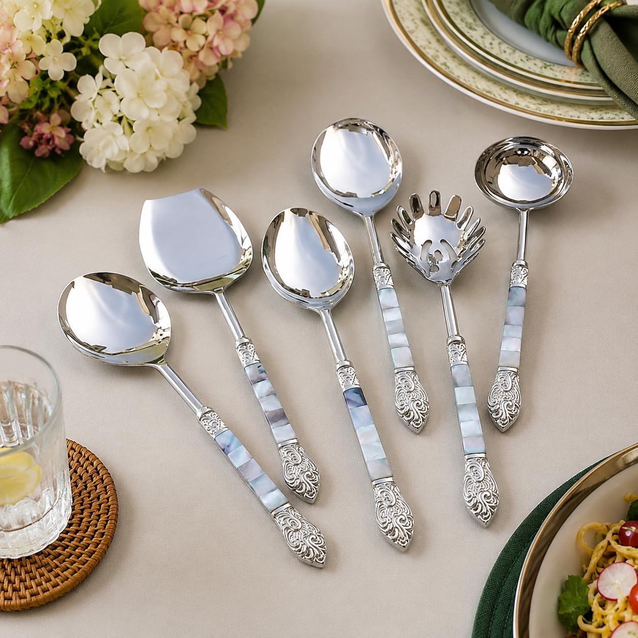 Designer Brass Serving Spoon Set of 6 (30 cm) with Mother of Pearl Inlay | Seep Handle Design | Premium Serveware in Black Gift Box for Dining & Kitchen Use