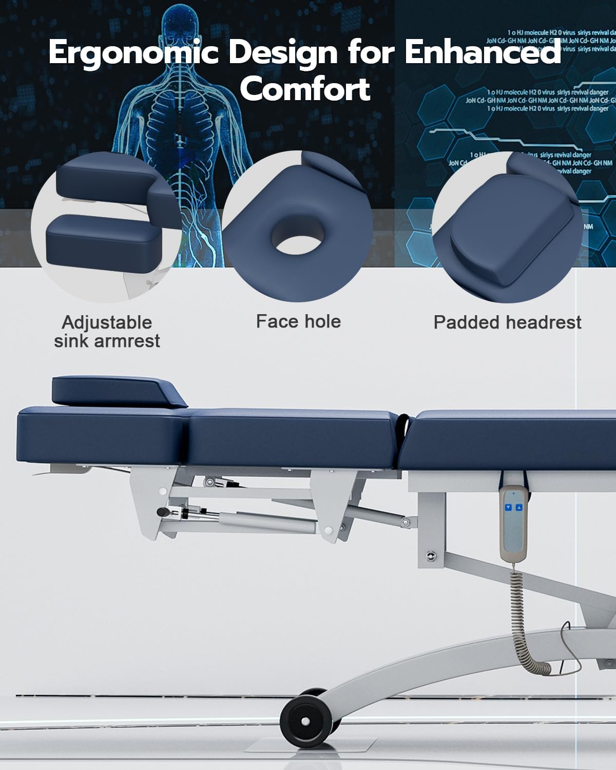 Paddie Professional 550lbs Hi-Lo Electric Massage Table on Wheels, Hydraulic Adjustable Backrest Downward for Treatment/Physical Therapy/Facial Spa, Blue