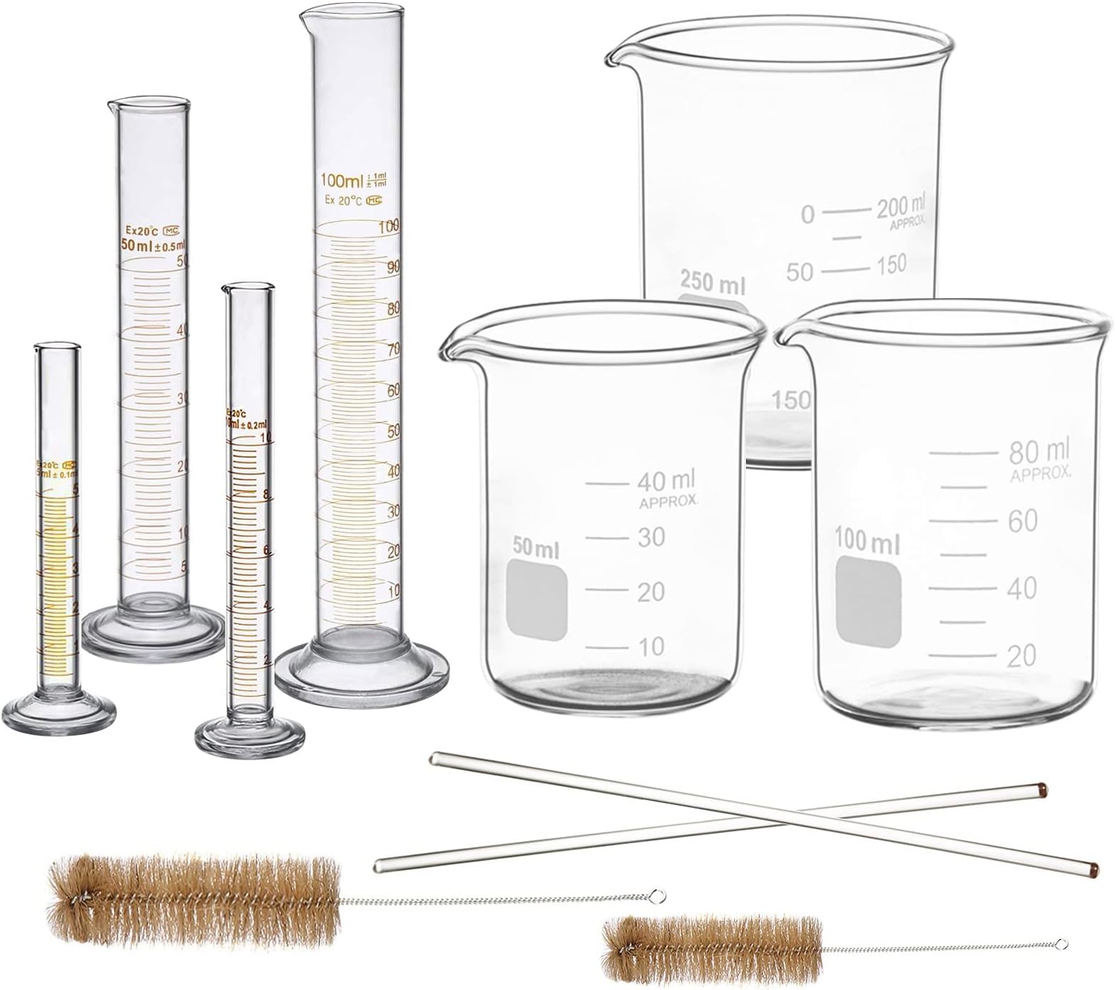 Thick Glass Graduated Measuring Cylinder Set 5ml 10ml 50ml 100ml Glass Measuring Beaker Set 50ml 100ml 250ml with 2 Glass Stirring Rods 12’’ Long 1/4’’ Diameter and 2 Brushes