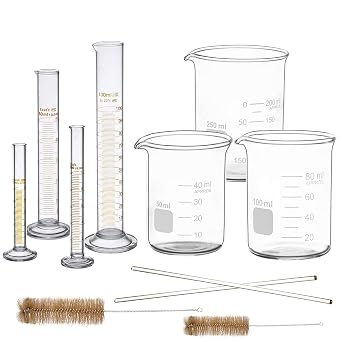 Thick Glass Graduated Measuring Cylinder Set 5ml 10ml 50ml 100ml Glass Measuring Beaker Set 50ml 100ml 250ml with 2 Glass Stirring Rods 12 Long 1/4 Diameter and 2 Brushes