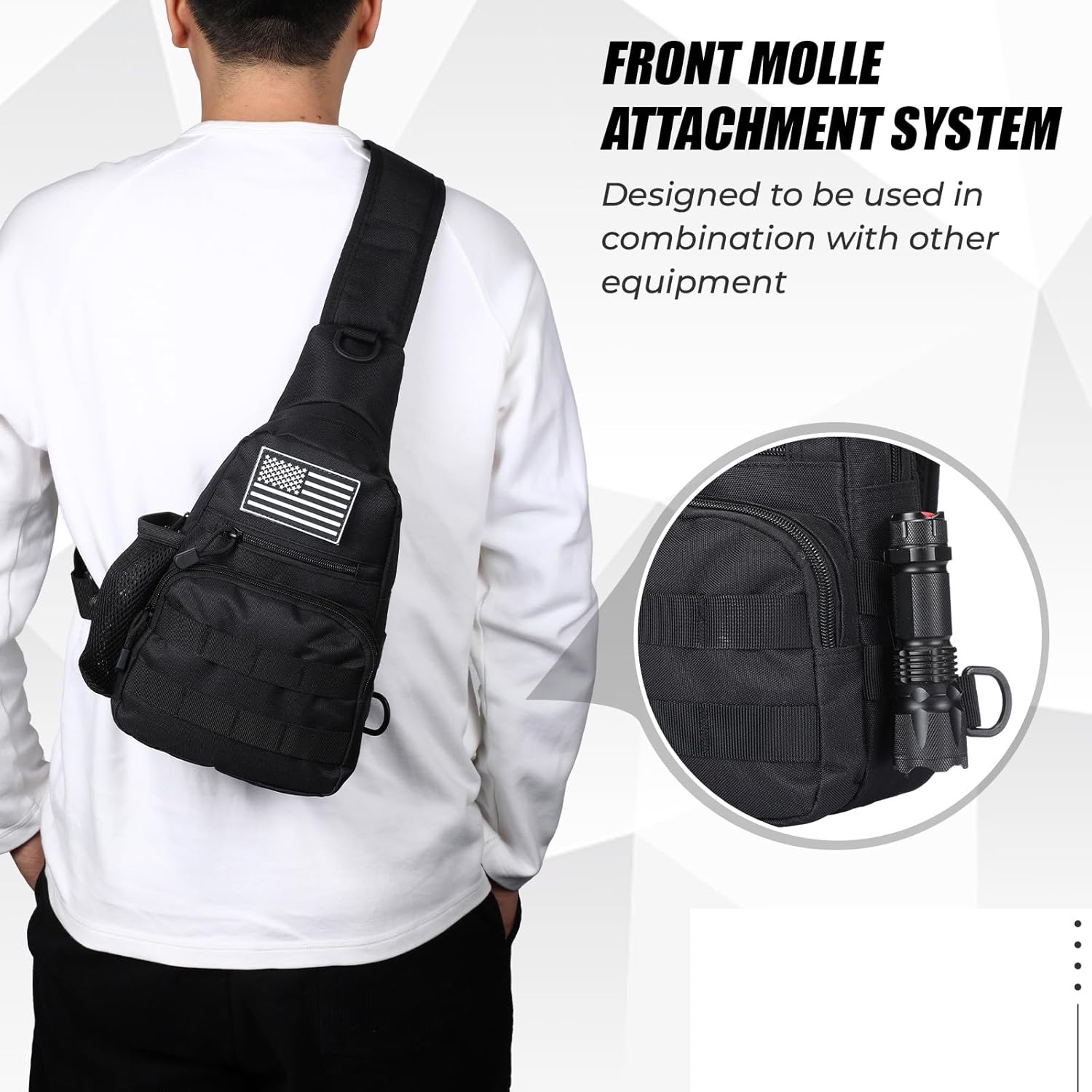 Tactical Sling Bag, Compact Military MOLLE EDC Shoulder Backpack, Crossbody Chest Daypack with Water Bottle Holder for Outdoor Travel (Black) - Image 4