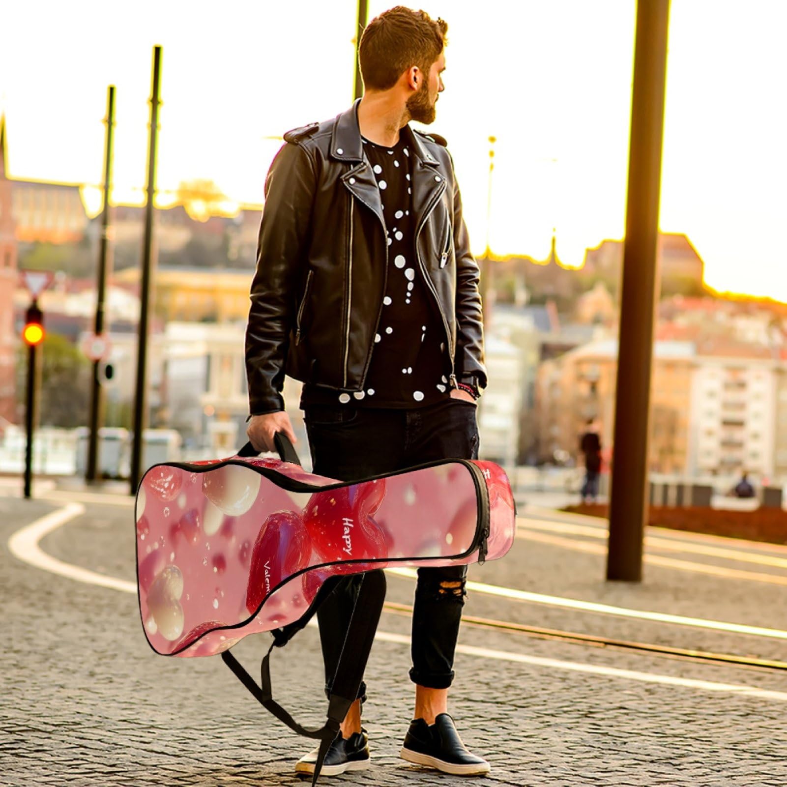 43 Zoll Akustikgitarre Softcase mit Rucksackgurt und 2 Taschen Valentinstag Liebe, keine Polsterung Rucksack Wasserdicht Oxford Tuch Bassgitarre Gigbag für Konzertgitarre, mehrfarbig,