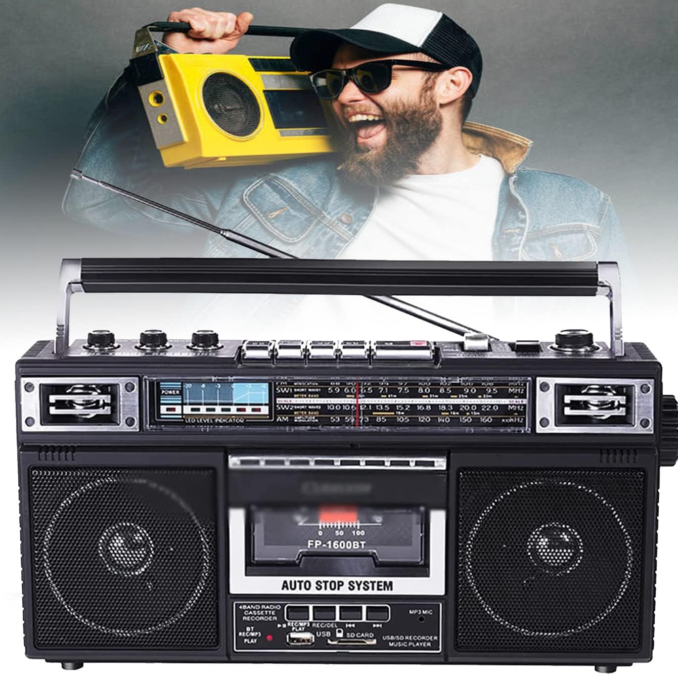 Cassette Boombox, Audio Boombox Deluxe Stereo with Bluetooth AM/FM Radio Cassette Dual Speakers