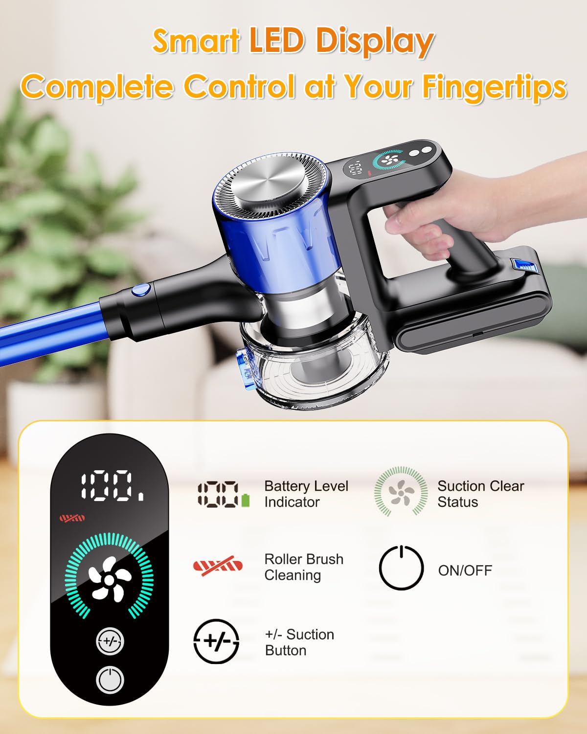 Aspirapolvere Senza Fili, Aspirapolvere con Ricaricabile, 500W/50KPA, 3 Modalità, 2 Filtro, Anti-groviglio, Display LED, Scopa Elettrica Senza Fili con Spazzole Multiple, Peli Animali, Pavimento