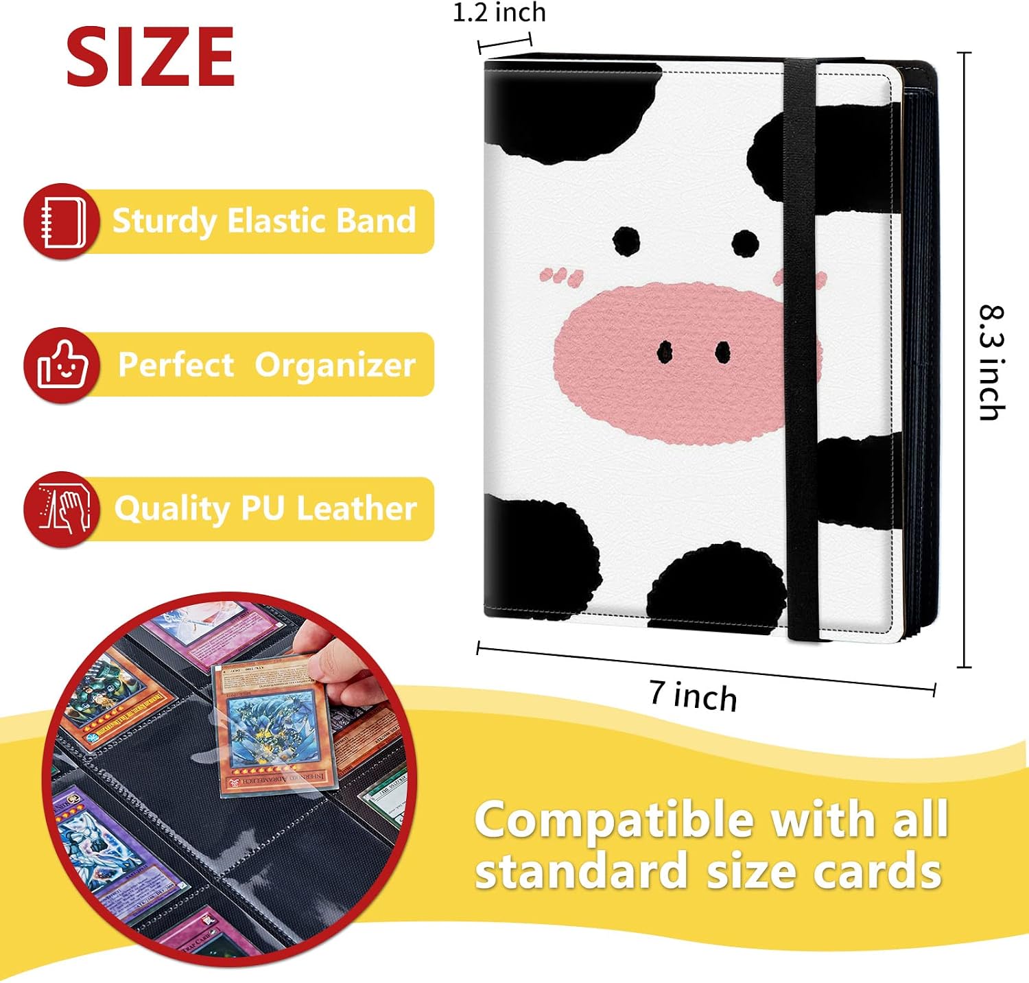 4-Pocket Card Binder 30 Pages Holds 240 Cards, Card Book Collector Album Folder for Yugioh, MTG, TCG, Cute PU Leather Trading Card Holder with Elastic Strap, Cute Cow Print