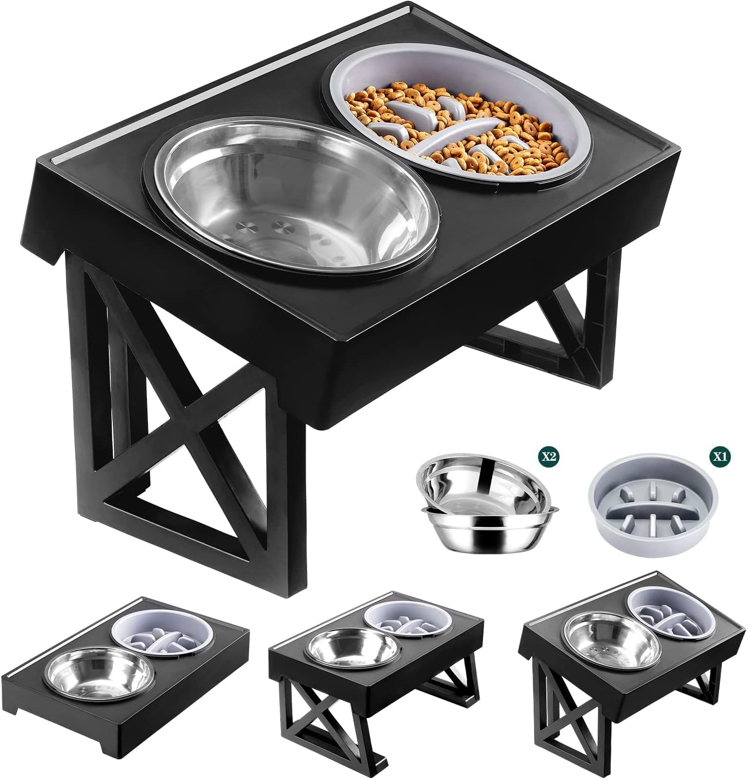 Elevated Dog Bowls, 3 Adjustable Heights Raised Pet Stand with Slow Feeder 2 Stainless Steel Food & Water Bowls for for Small Medium Large Dogs and Pets