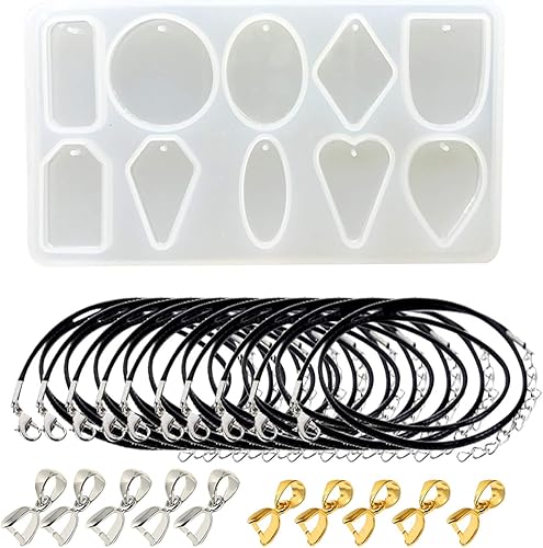 Woohome - Molde de silicona con 10 cavidades, diseño de geometría, para joyas, con agujeros, cuerda de cera negra y hebilla colgante para collares,
