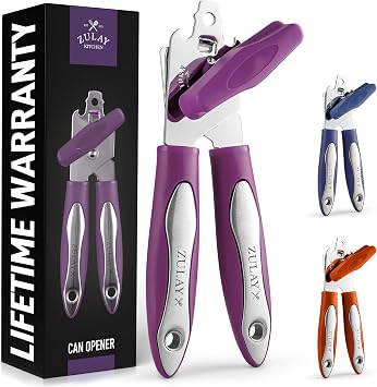 Zulay Kitchen Can Opener Handheld - Durable Manual Can Opener Smooth Edge Cut Stainless Steel Blades - Heavy-Duty Can Opener Manual with Comfortable Grip Handle and Large Turn Knob Plum
