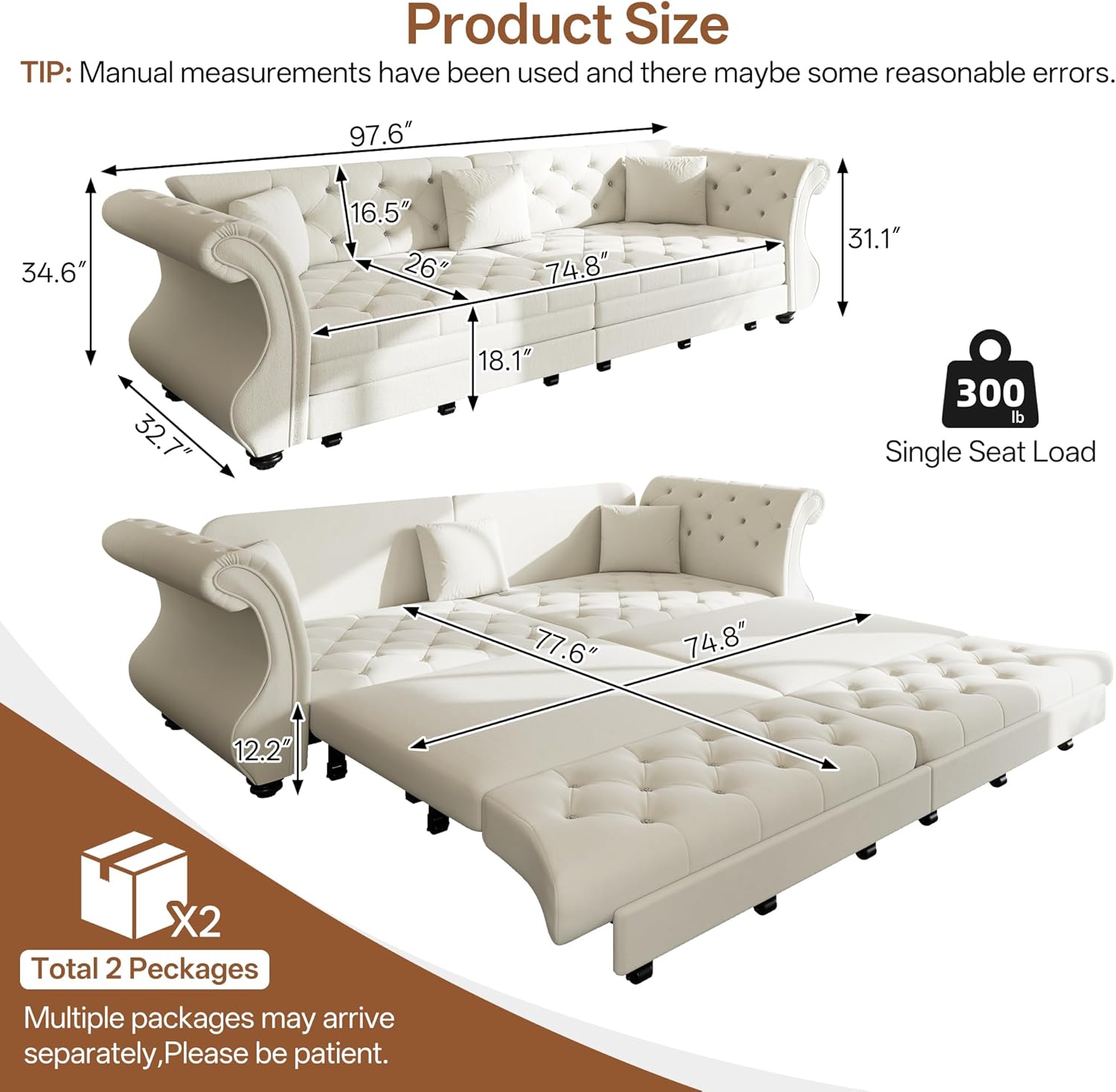 97.6'' King Size Pull Out Sofa Bed, Velvet 3-in-1 Convertible Sleeper Sofa Bed, Chesterfield Rolled Arm, Flower Tufted, Oversized Deep Seat Loveseat Sofa for Living Room, Apartment, Beige | Breathable material