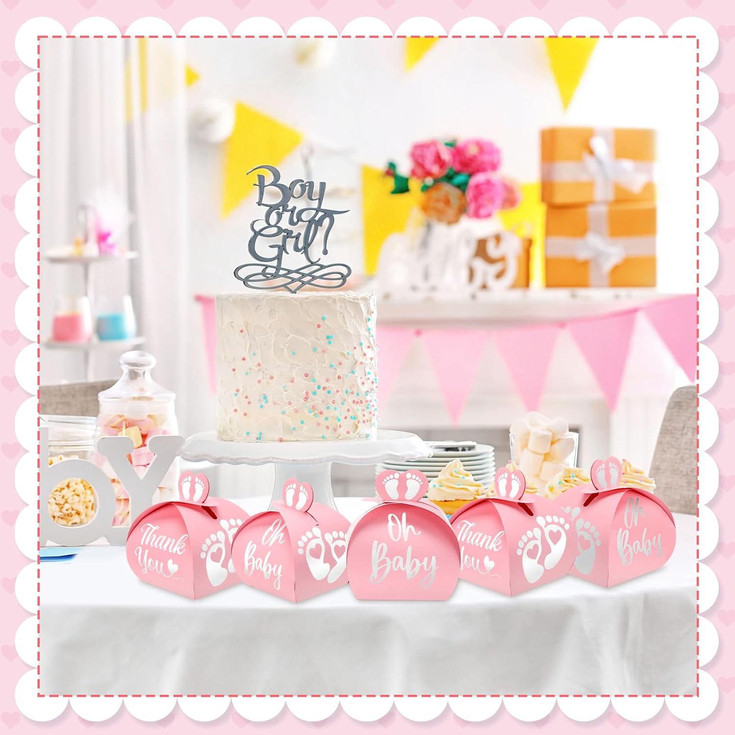 Humyoun 50 Pcs Baby Shower Thank You Gift Box Footprint Small Candy Treat Boxes Heart Favor Bags with White Gold Foil Printed for Guest Baby Shower Gifts Neutral Gender Reveal Favors (Pink) image 5