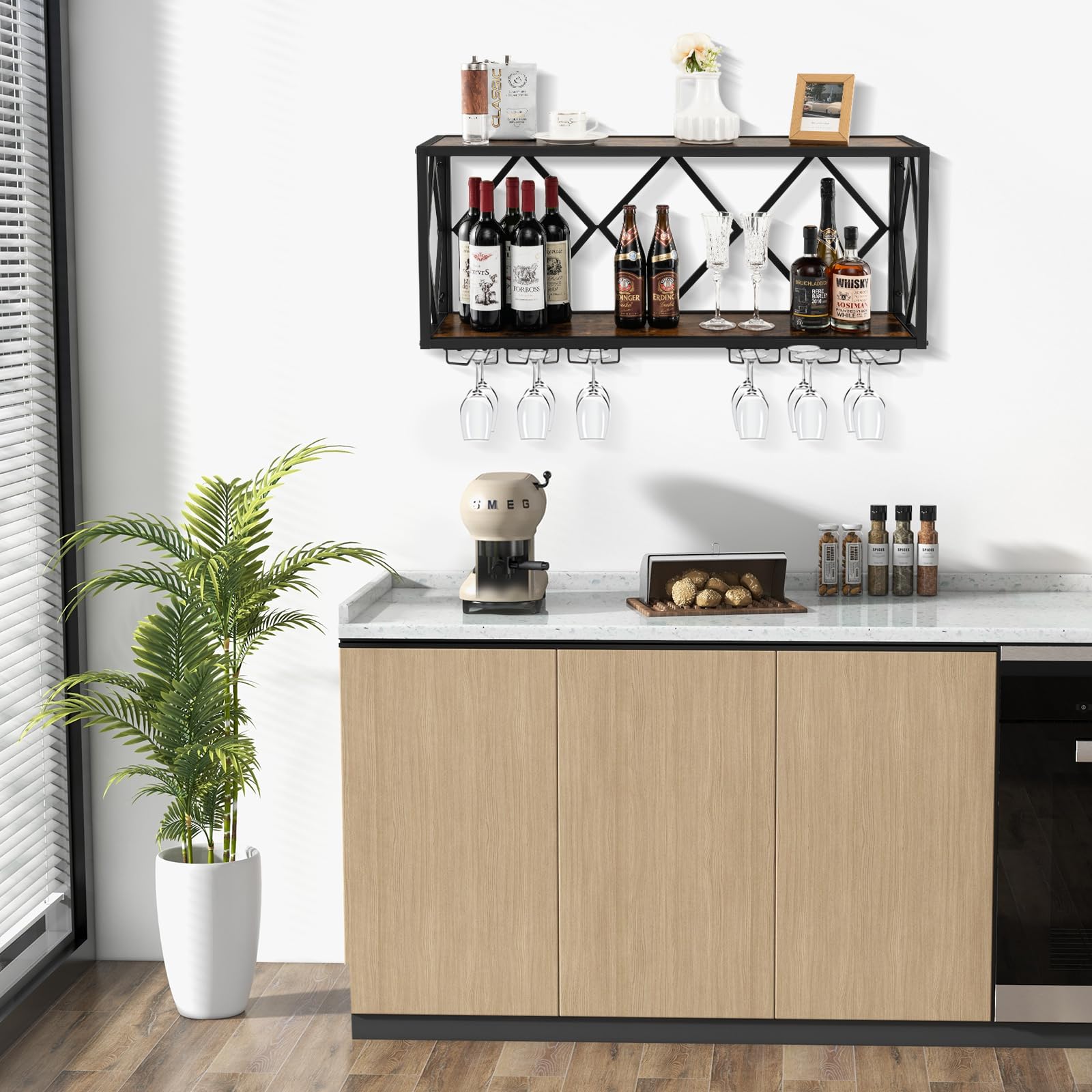 COSTWAY Portabottiglie da Parete, Scaffale per Esposizione di Vino con 6 File di Portabicchieri, Scaffale per Conservare 39 Bottiglie e 12 Bicchieri, Adatto per Cucina, Soggiorno, Sala da Pranzo