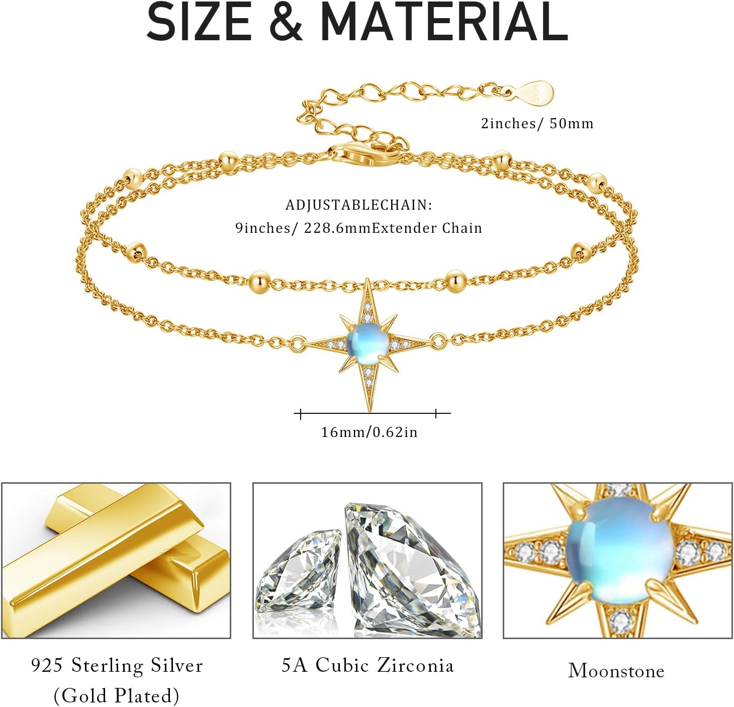 Moonstone Bracelet for Women 925 Sterling Silver Moonstone Bracelet Adjustable Jewelry Gift for Women