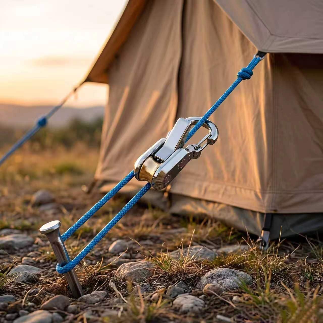 Rope with Roller Tensioner Mechanism, 6 Pack Heavy Duty Cord Tightener & Paracord Adjuster for Camping, Tarp, Tent Guyline, Canopy & Outdoor Cargo Tie Down, No-Knot Locking Clip
