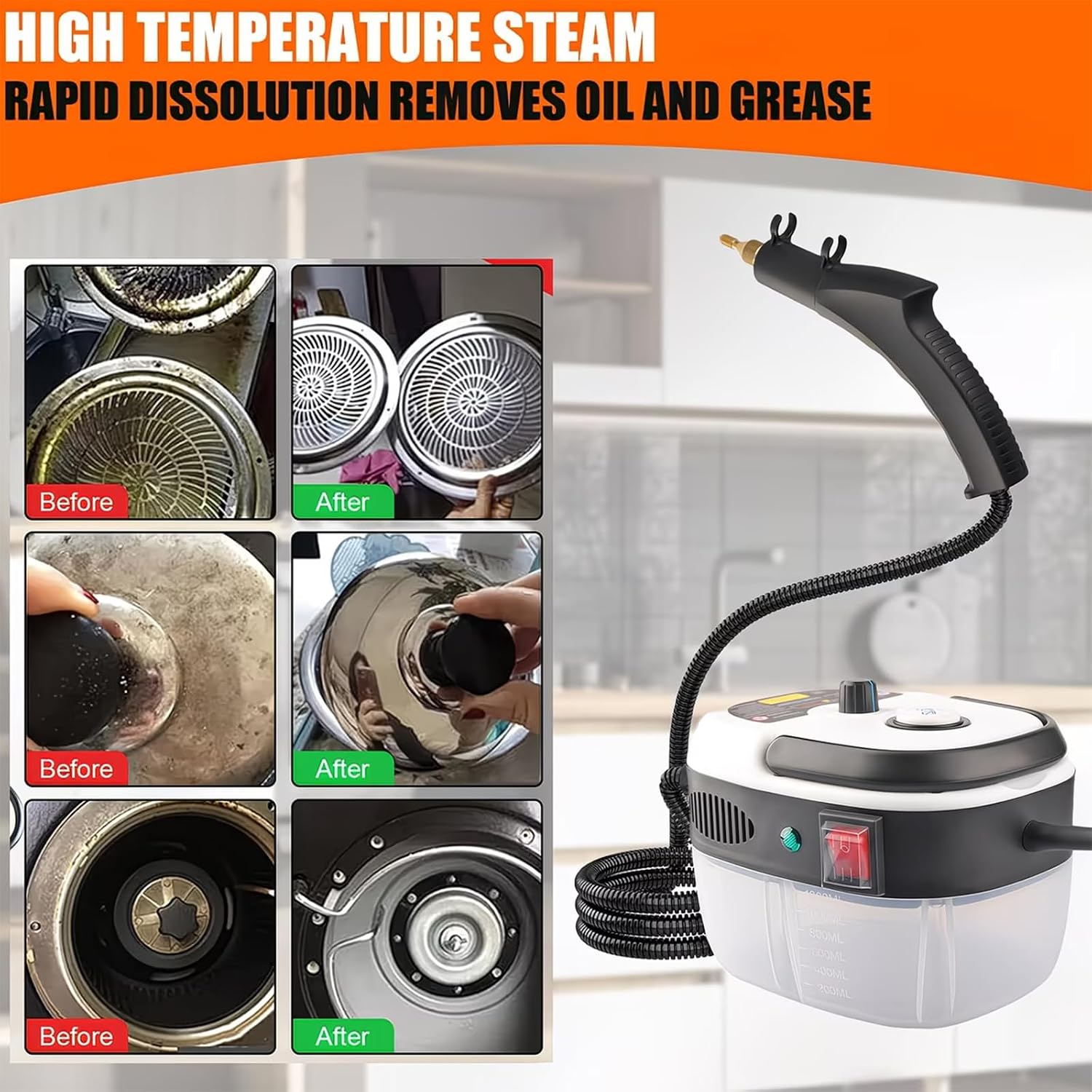 2500w Handheld High-Temperature Pressurized Steam Cleaner, 6 Adjustable Levels Multi-Surface Steam Cleaning Machine For Kitchen, Tile, Grout And Car Cleaning (Black, Upgraded)