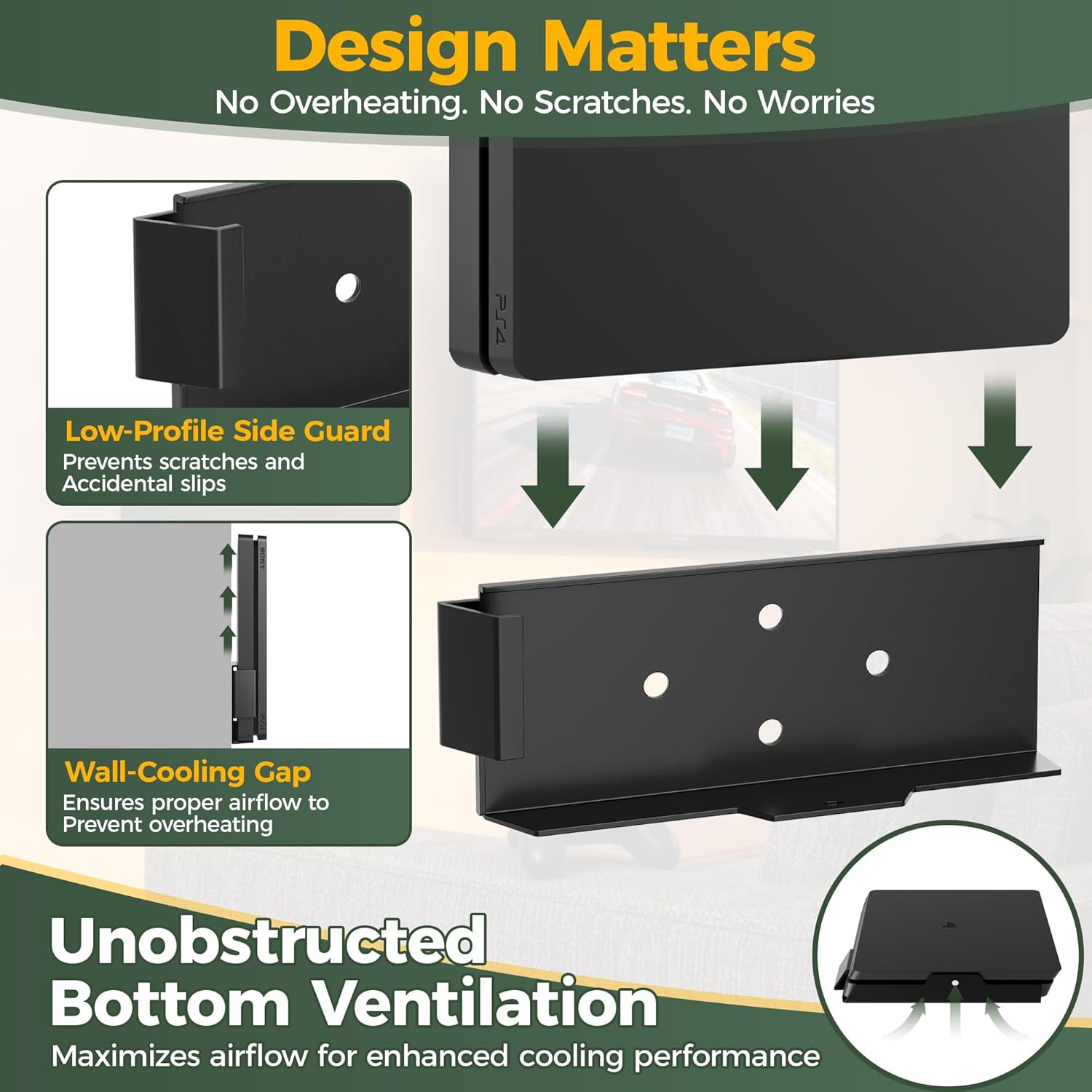 Wall Mount for PS4 Slim with Advanced Cooling,Vertical Wall Mount for PS4, Space-Saving Stand for PS4 Slim, Low-Profile Design for PS4 Slim Console, Accessories of PlayStation 4