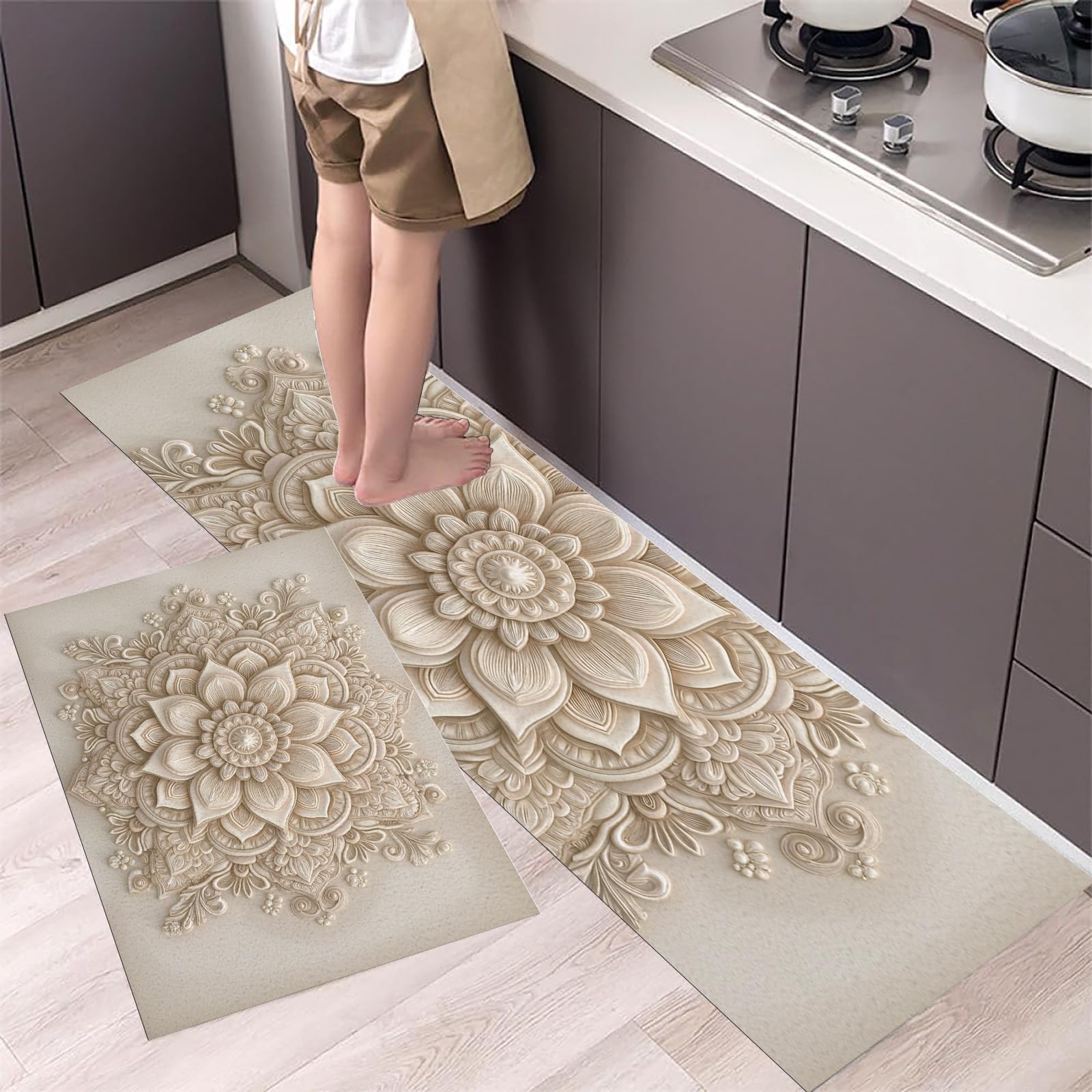 Juego de alfombras de cocina de 2 piezas con relieve floral 3D de alta densidad beige