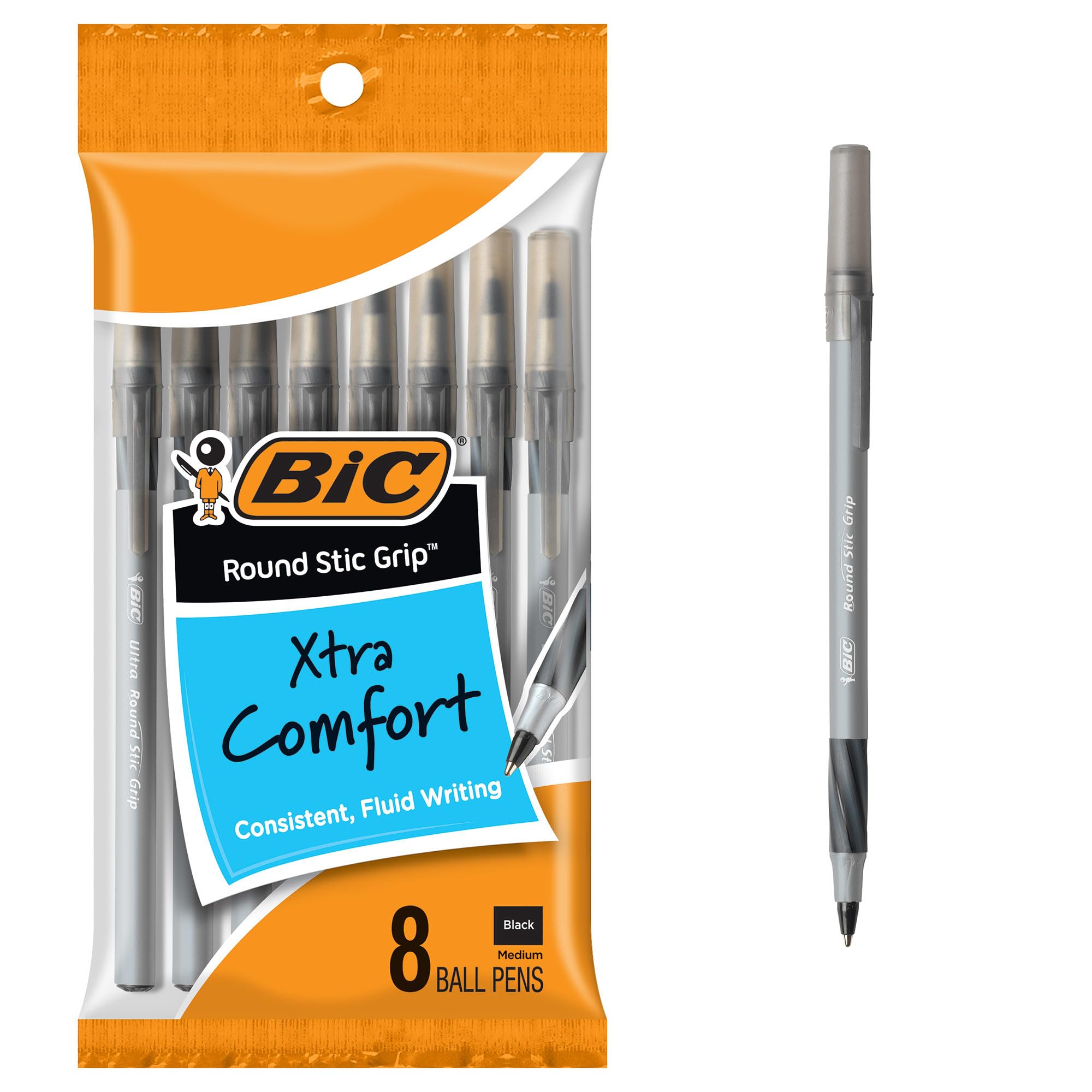 Round Stic Grip Xtra Comfort Black Ballpoint Pens; Medium Point (1.2mm); 8-Count Pack; Perfect Writing Pens With Soft Grip for Superb Comfort and Control