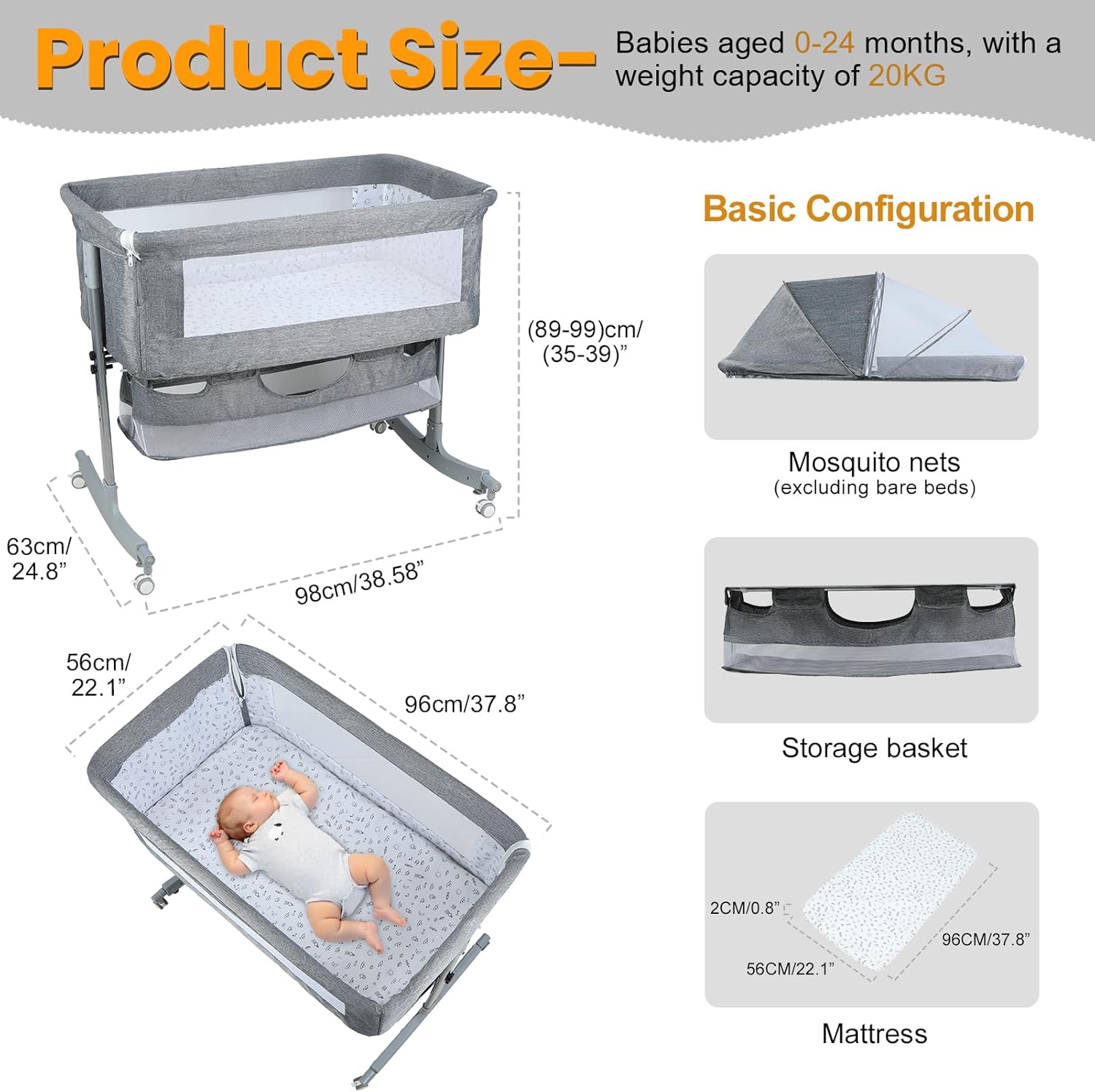 3 in 1 Baby Bassinet Bedside Sleeper, Adjustable Height Bedside Crib Portable Bassinet, Convertible Infant Cradle Rocking Baby Bed, Newborn Bassinet with Wheels Storage Basket Mosquito Net (Grey)
