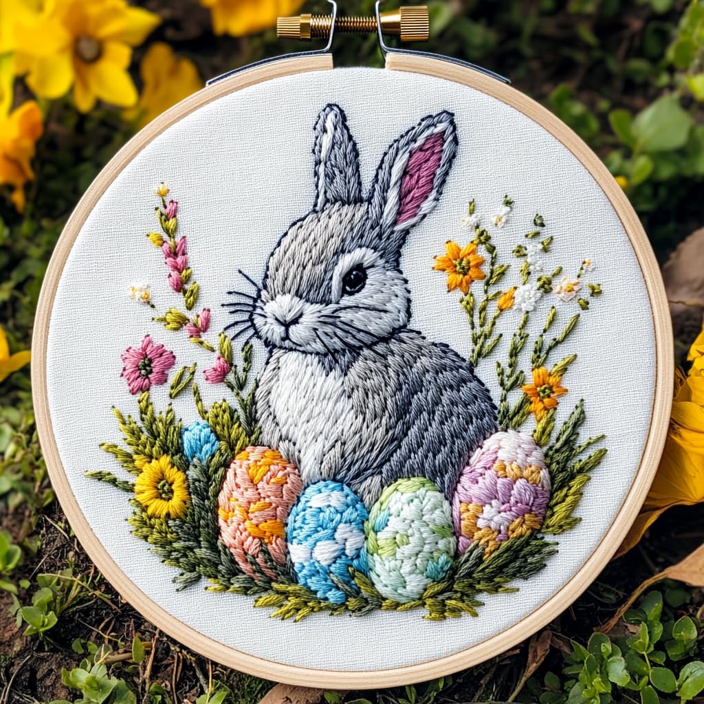 DIY Punch Needle Kits for Beginners Cute Rabbit and Easter Eggs with Hoop Embroidery Punch Needle Starter Set Easy for Adults and Kids Festival Gift and Decor 20x20cm
