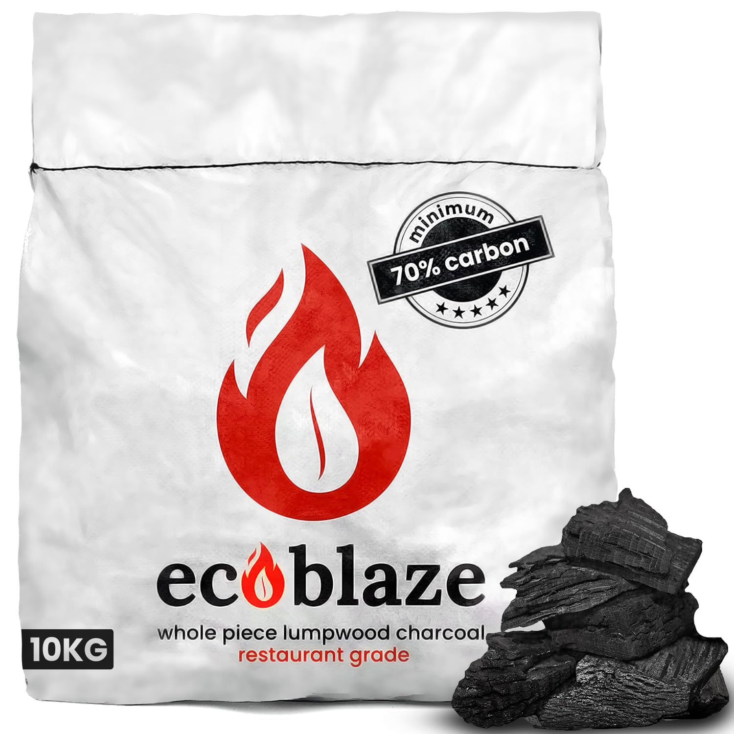 Ecoblaze 10Kg Lumpwood Charcoal – Premium & Restaurant Grade Smokeless Natural charcoal with >70% Carbon Content for BBQ,Smoker & Pizza Oven - Ideal & Great Alternative to Charcoal Briquettes