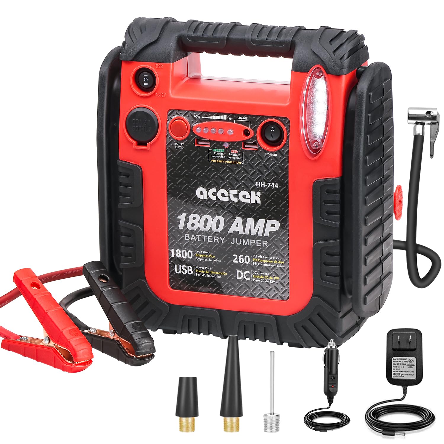 1800 Amp Jump Starter with Air Compressor, acetek Car Battery Jump Starter 260 PSI Tire Inflator, 20000mAh 12V Auto Lead-Acid Battery Booster (Up to 6L Gas or 6L Diesel Engine) with LED Light & USB