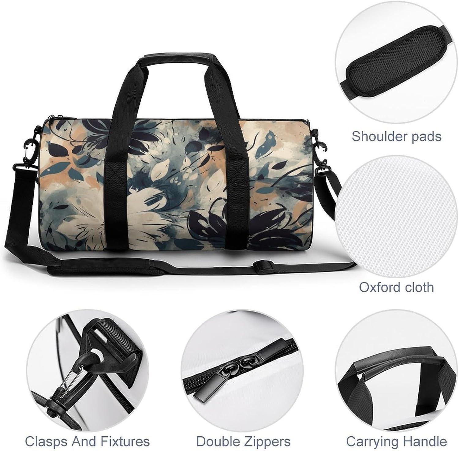 Drawing of Flowers Gym Bag Hand-held Fitness Bags Cylindrical Fitness Bag with Shoe Large Compartment Duffle Bags for Travel Sports Unisex image 5